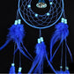 Close-up blue dream catcher with woven web, bell charm, beads, and fluffy feather tassels