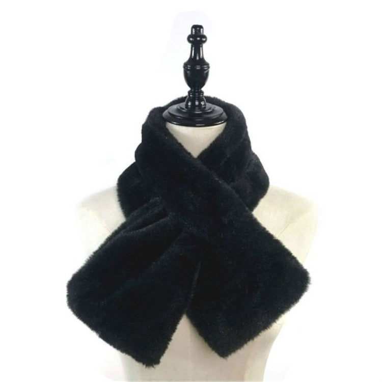 Black plush faux rabbit fur scarf, thick neck warmer with crossed wrap look.