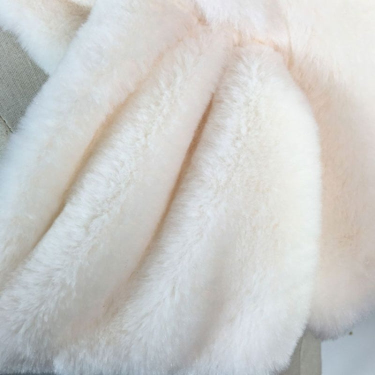 White plush faux rabbit fur scarf close-up, soft fluffy shag texture.