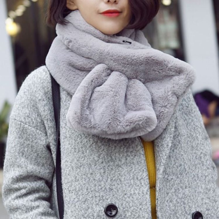 Light gray plush faux rabbit fur neck scarf, thick wrap worn around neck.