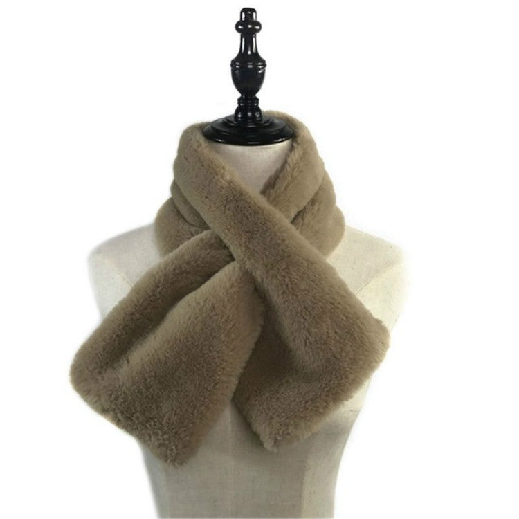 Khaki plush faux rabbit fur scarf, soft thick wrap with crossed ends.