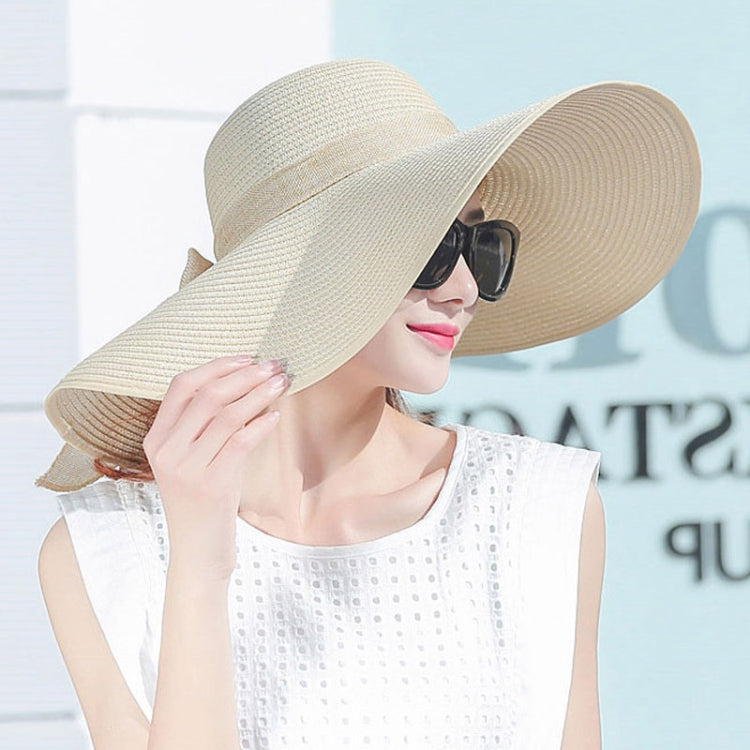 Foldable wide-brim sun hat, beige straw with wide floppy brim and soft crown