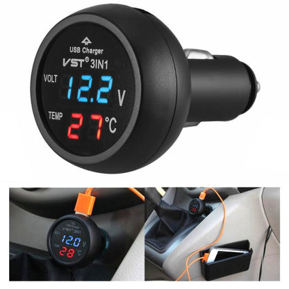 Black car USB charger with round LED display showing blue voltage and red temperature