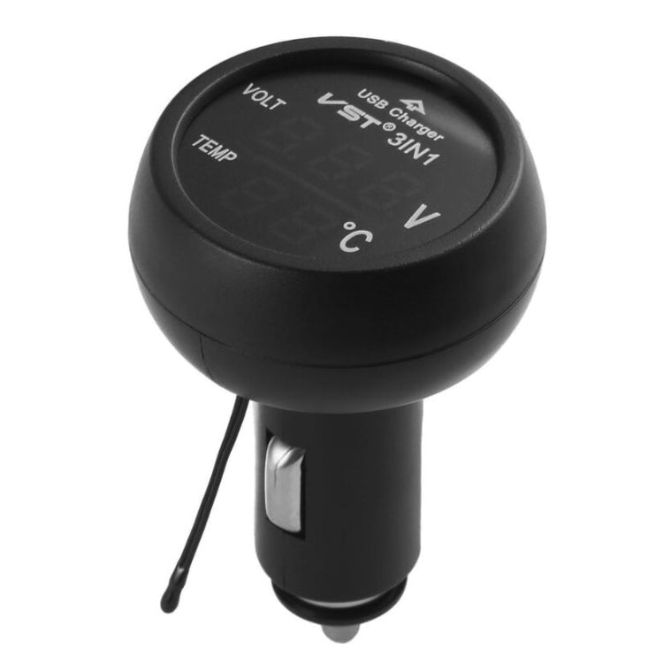 Black car USB charger with top control panel and VOLT/TEMP indicator