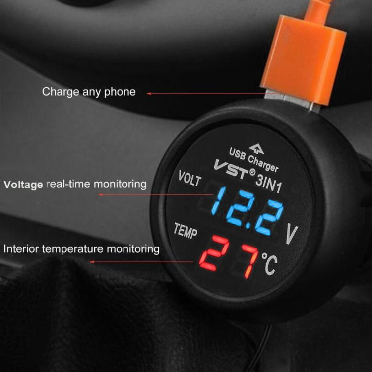 Car USB charger with orange switch tab and blue voltage, red temperature display
