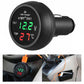 Black car USB charger with round LED display showing green voltage and red temperature