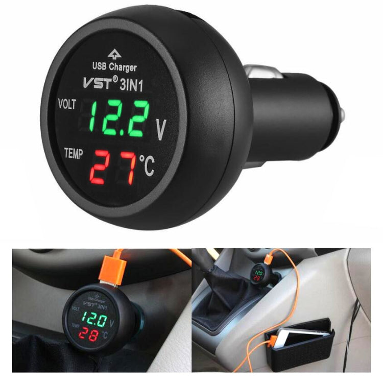 Black car USB charger with round LED display showing green voltage and red temperature