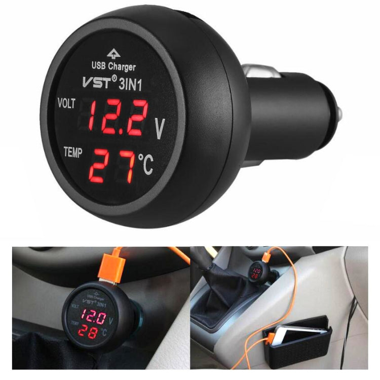 Black car USB charger with round LED display showing red voltage and red temperature