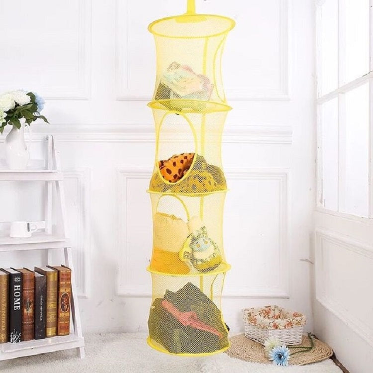 Yellow mesh toy storage basket with four ventilated compartments and hanging handle