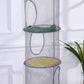Gray mesh hanging basket with four stacked tiers and ventilation openings