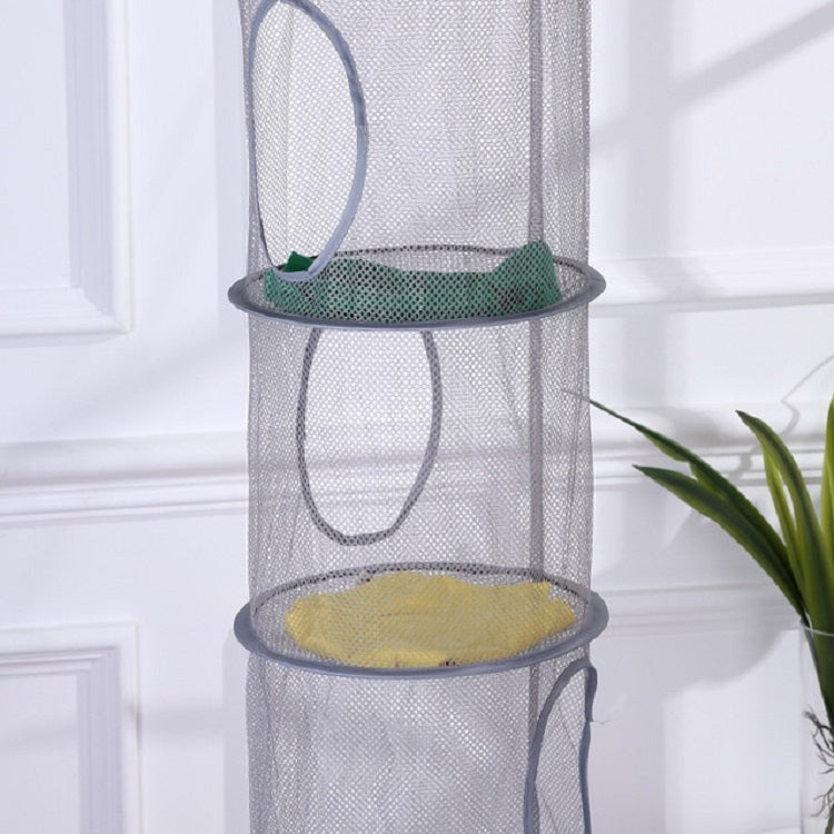 Gray mesh hanging basket with four stacked tiers and ventilation openings