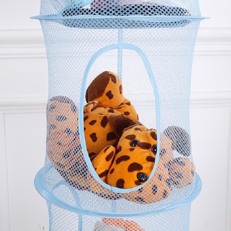 Light blue mesh hanging basket holding a stuffed toy inside a side pouch