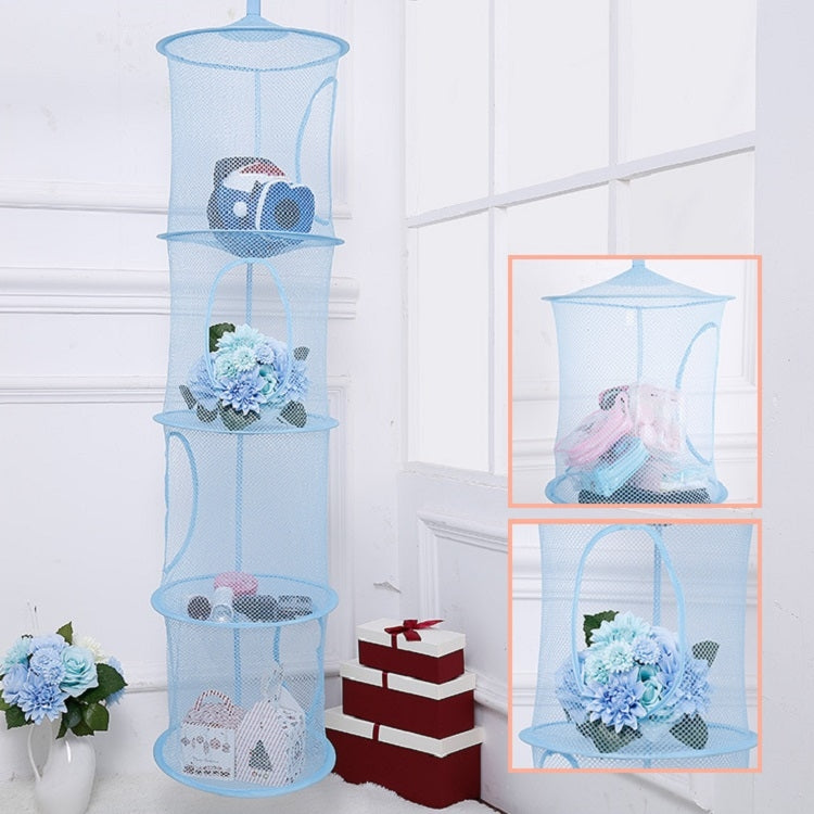 Blue foldable ventilated mesh basket with four stacked compartments