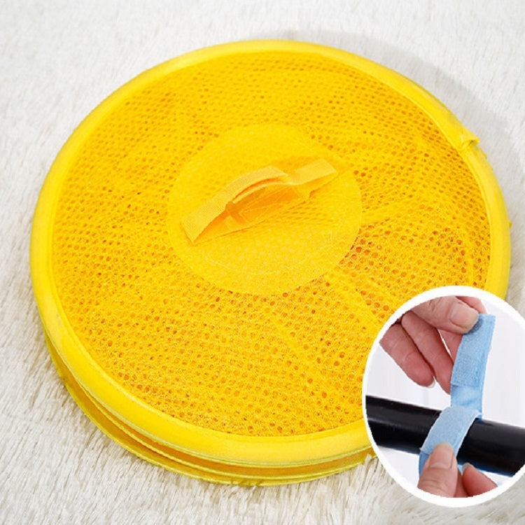 Yellow round mesh lid/cover with strap closure for toy basket