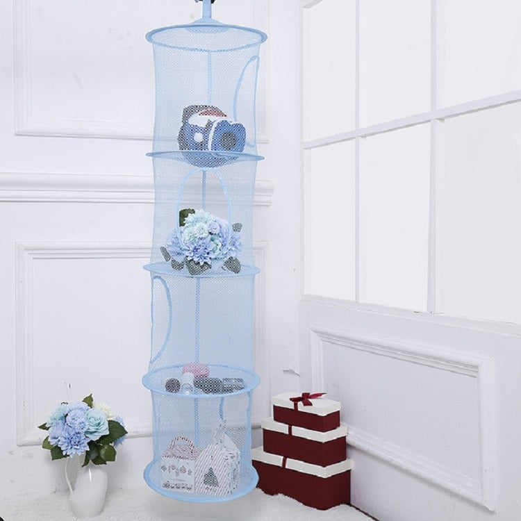 Blue mesh hanging toy basket with four tiers for storage and drying