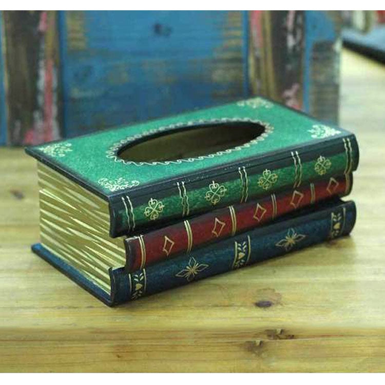 Retro book-style tissue box case with green top and red patterned spine