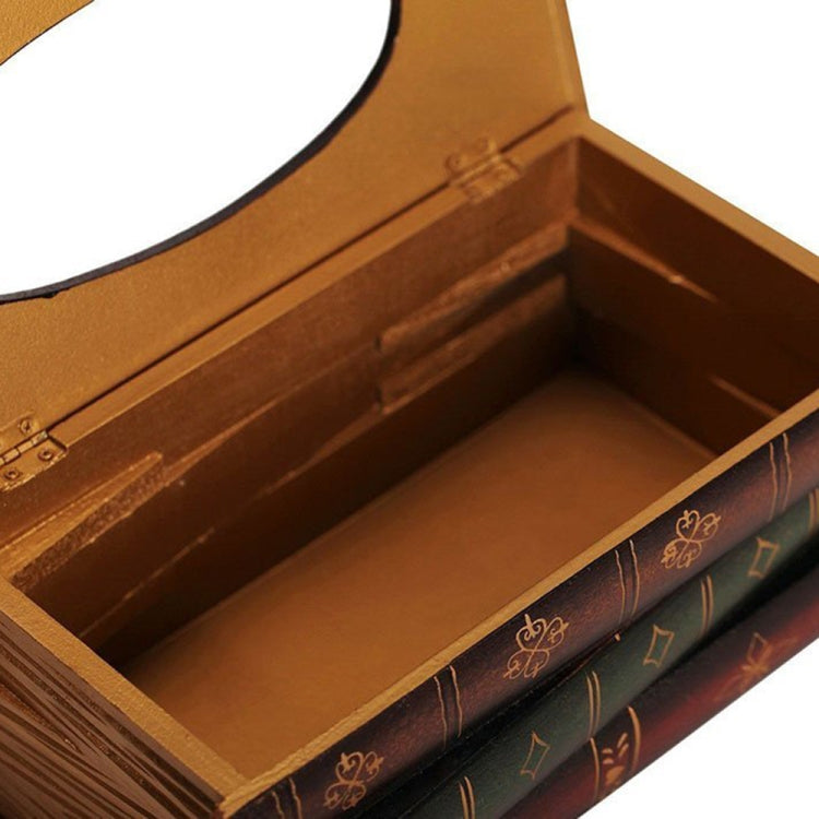 Retro book-style tissue box case interior with brown lining and open tray