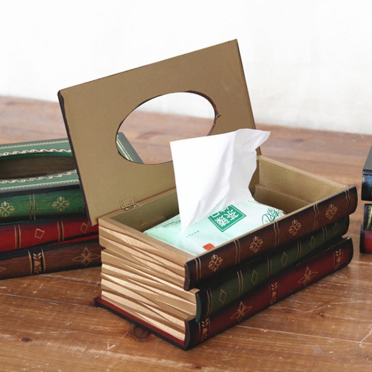 Retro book-style tissue box case with coffee-brown cover and tissue insert