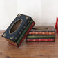Retro book-style tissue box case in dark blue, green, and red patterned covers