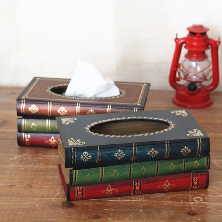 Retro book-style tissue box case with brown lid and green and red book layers