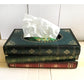 Retro book-style tissue box case with dark green patterned covers and tissue