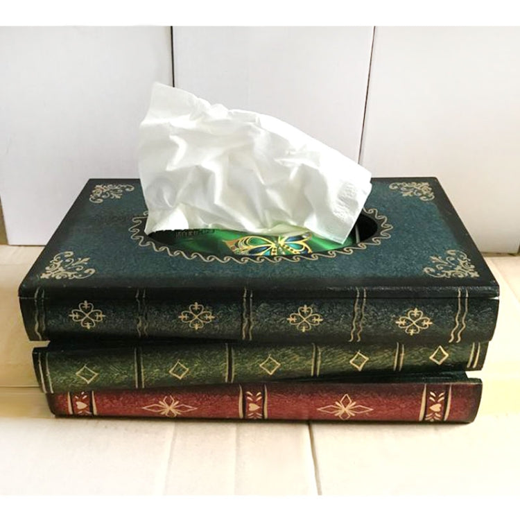 Retro book-style tissue box case with dark green patterned covers and tissue