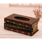 Retro book-style tissue box case with brown lid and green-and-brown book layers