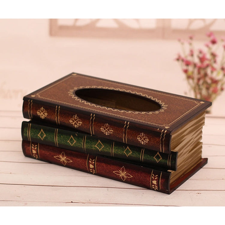 Retro book-style tissue box case with brown lid and green-and-brown book layers