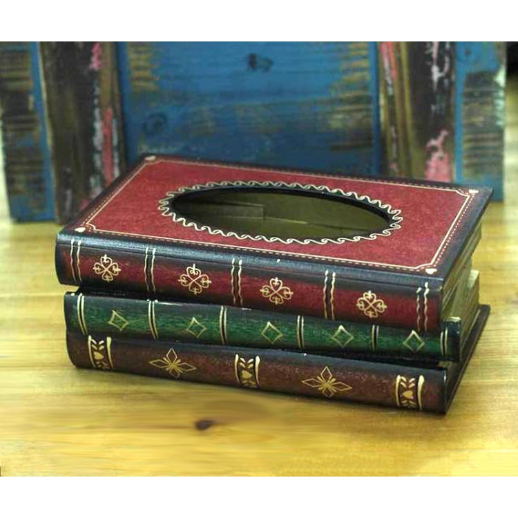 Retro book-style tissue box case with red lid and dark green patterned covers