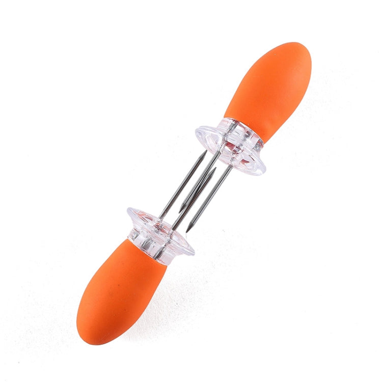 Orange two-prong corn fork with clear plastic rings and stainless steel tines