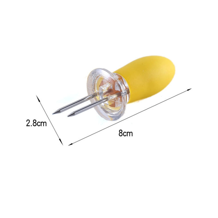 Yellow two-prong corn fork with stainless steel tines and size measurement arrows
