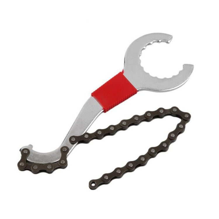 Bicycle chain wrench tool with red grip and silver U-shaped wrench for drivetrain