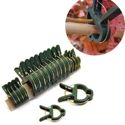 Green plastic plant garden clips with metal spring pins, five-pack set