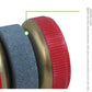 Knife sharpening grinding wheel with blue stone, brass ring, and red ribbed edge