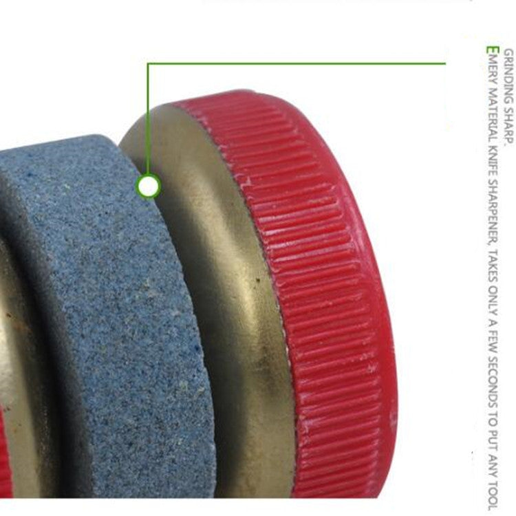 Knife sharpening grinding wheel with blue stone, brass ring, and red ribbed edge