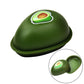 Avocado-green plastic crisper container with lid, plus small inset showing open view.