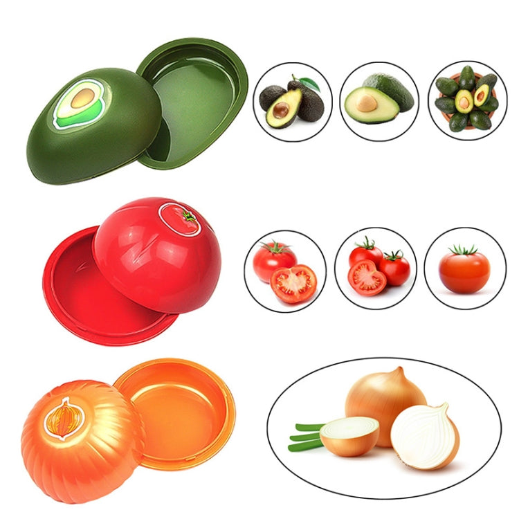 Three plastic crisper containers in avocado, tomato, and onion colors with fruit icons.