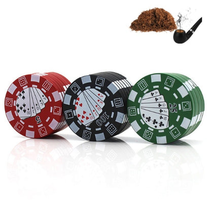 3-layer zinc alloy cigarette grinder, poker-chip design in red, black, and green