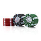 3-layer zinc alloy grinder with poker-chip design, red stacks and green/black discs