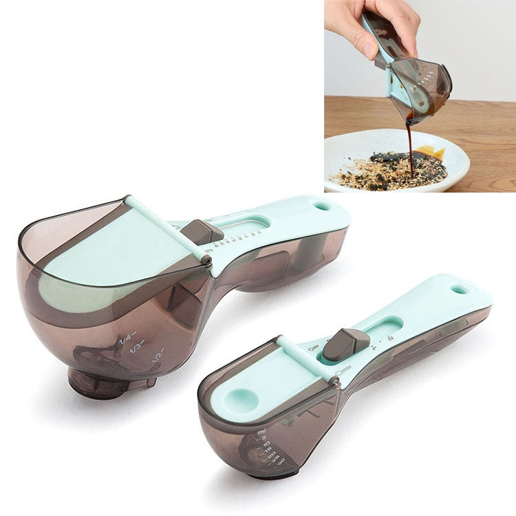 Adjustable plastic measuring spoon set with light-blue handle and translucent smoky cups