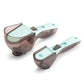 Two-piece adjustable plastic measuring spoon set with light-blue grips and smoky cups