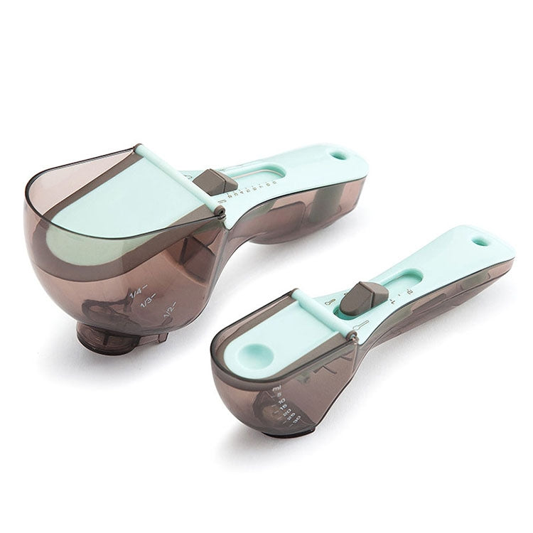 Two-piece adjustable plastic measuring spoon set with light-blue grips and smoky cups