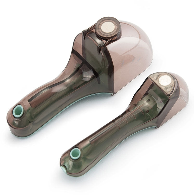 Adjustable plastic measuring spoons with smoky translucent bodies and light-green measuring ends