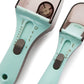 Adjustable plastic measuring spoon with built-in measurement markings on light-blue body