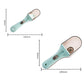 Adjustable plastic measuring spoon showing size dimensions, light-blue body with smoky interior