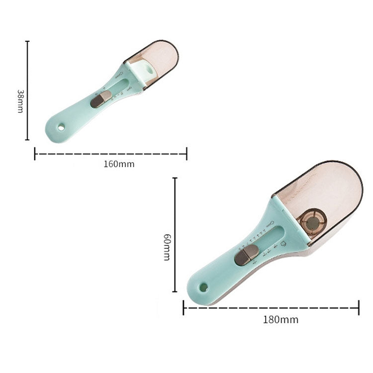 Adjustable plastic measuring spoon showing size dimensions, light-blue body with smoky interior
