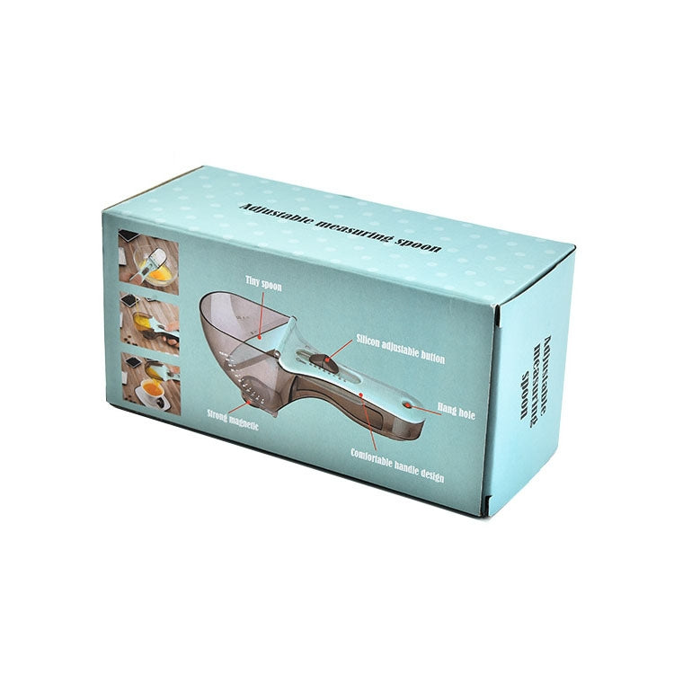 Adjustable plastic measuring spoon set retail box in light-blue, shown closed