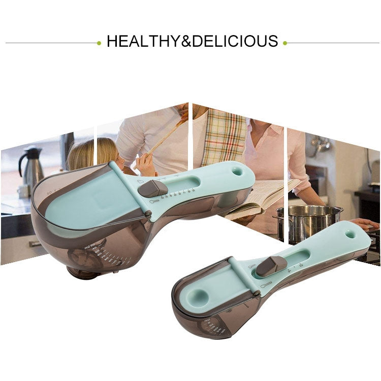 Adjustable plastic measuring spoons with light-blue handles and smoky translucent measuring cups