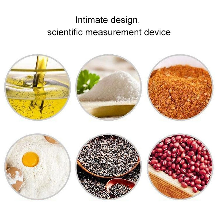 Measurement types display with spices and ingredients for adjustable measuring spoon use