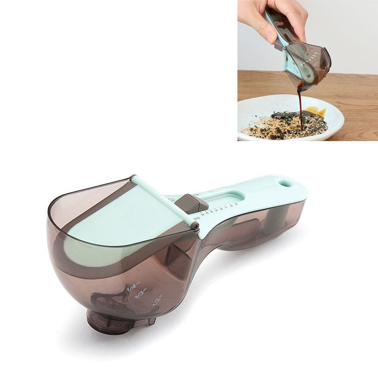 Adjustable plastic measuring spoon, teal handle with clear dosing cup, for baking